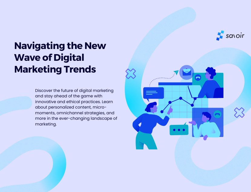 Graphic illustration for Top 6 Cutting-Edge Digital Marketing Trends with analytical characters and dynamic charts, emphasizing the importance of staying ahead in digital marketing.